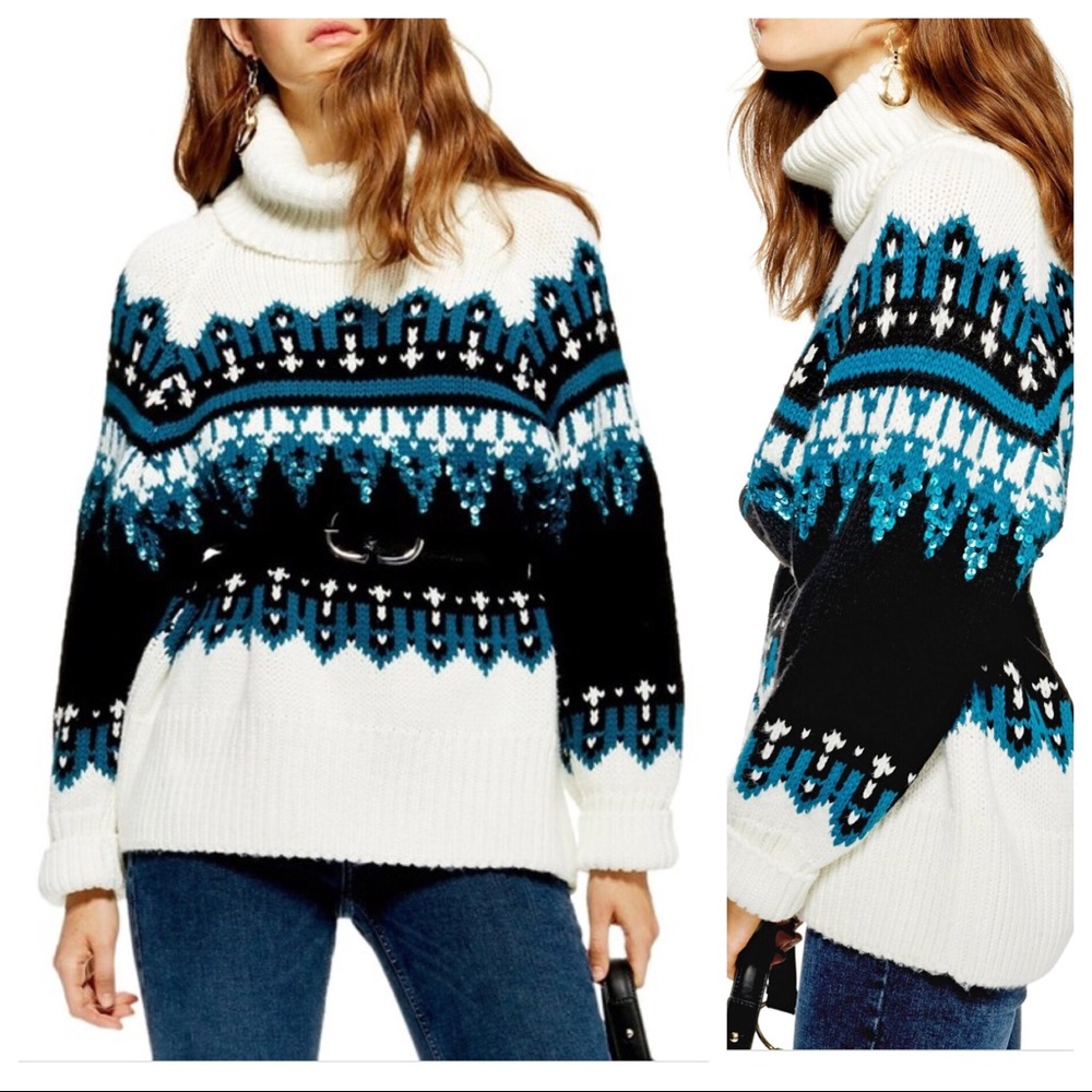 TOPSHOP Sequin Oversize Fair Isle Sweater